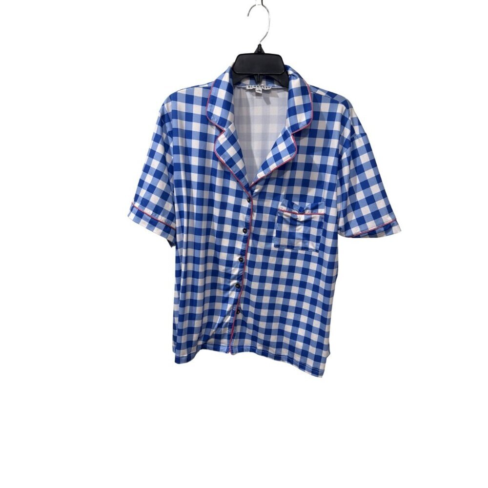 Blue & White Checkered Pajama Set With pink Piping By Blakeley L/XL Button-Up To - Picture 2 of 6